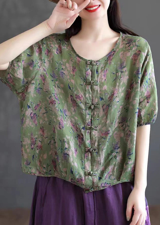 Handmade Coffee O-neck Print Button Ramie Shirts Short Sleeve