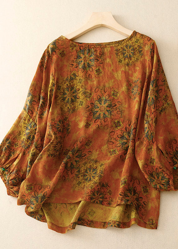 Handmade Coffee O-neck Print Top Lantern Sleeve