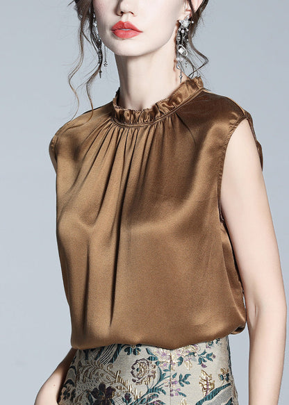 Handmade Coffee Stand Collar Silk Tops Summer