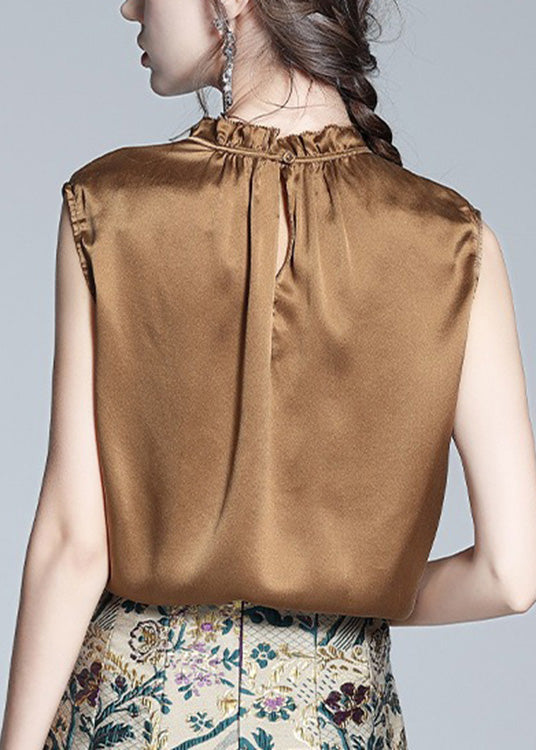 Handmade Coffee Stand Collar Silk Tops Summer