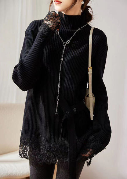 Coffee Turtleneck Lace Patchwork Cotton Knit Sweater Long Sleeve