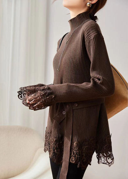 Coffee Turtleneck Lace Patchwork Cotton Knit Sweater Long Sleeve