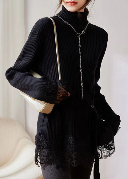 Coffee Turtleneck Lace Patchwork Cotton Knit Sweater Long Sleeve
