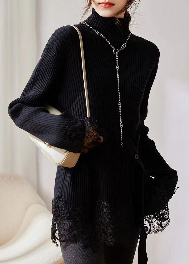 Coffee Turtleneck Lace Patchwork Cotton Knit Sweater Long Sleeve