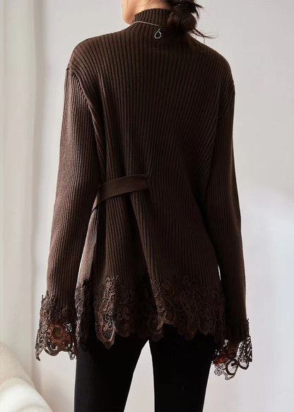 Coffee Turtleneck Lace Patchwork Cotton Knit Sweater Long Sleeve