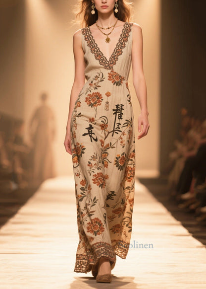 Handmade Coffee V Neck Print Cotton Straight Dress Sleeveless