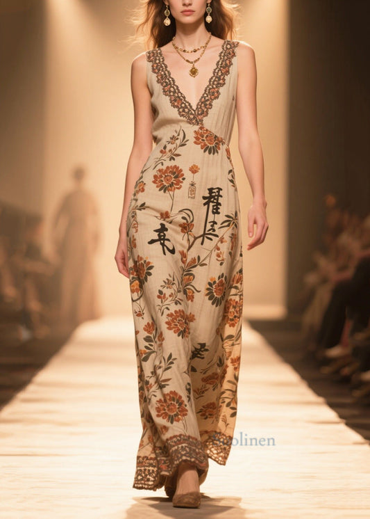 Handmade Coffee V Neck Print Cotton Straight Dress Sleeveless