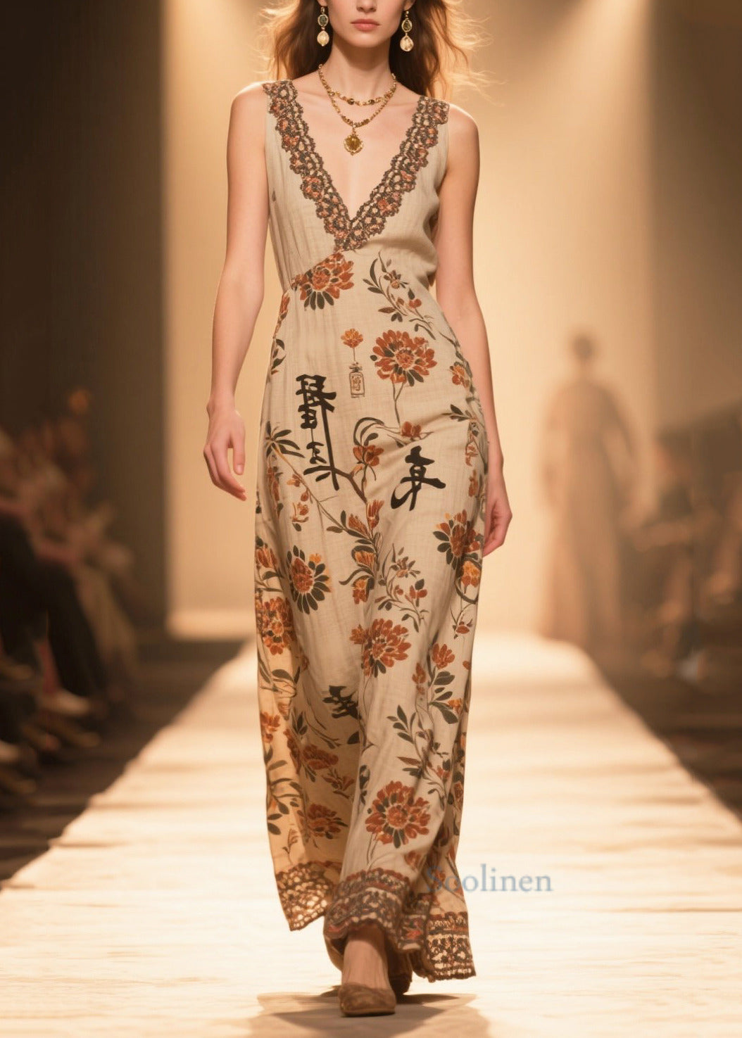 Handmade Coffee V Neck Print Cotton Straight Dress Sleeveless