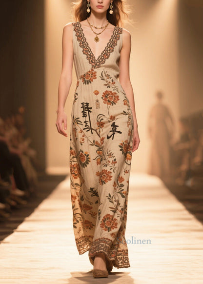 Handmade Coffee V Neck Print Cotton Straight Dress Sleeveless