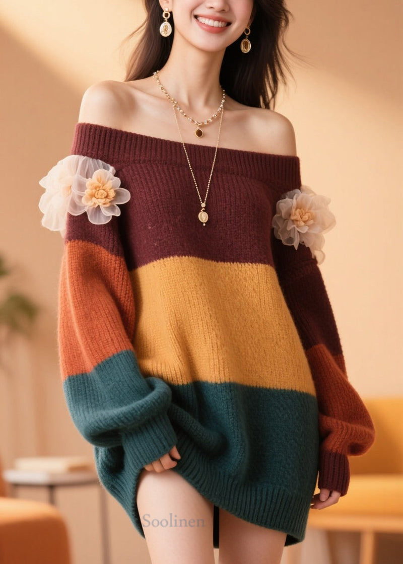 Handmade Colorblock Cold Shoulder Patchwork Knit Sweater Fall