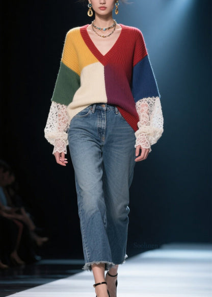 Handmade Colorblock Lace Patchwork Knit Pullover Fall