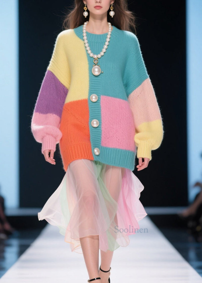 Handmade Colorblock O Neck Patchwork Knitted Tops Fall