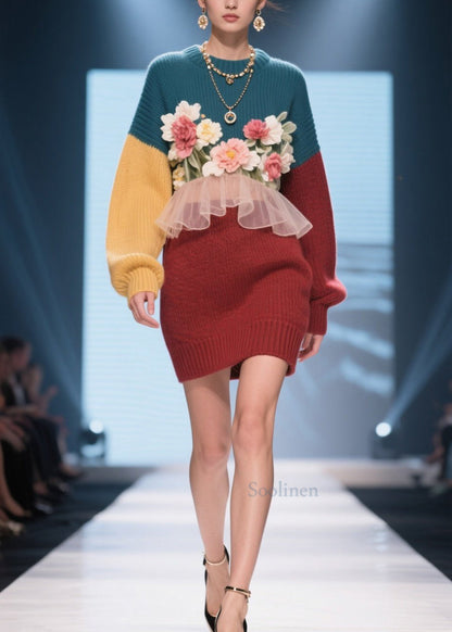 Handmade Colorblock O Neck Ruffled Knit Dress Winter