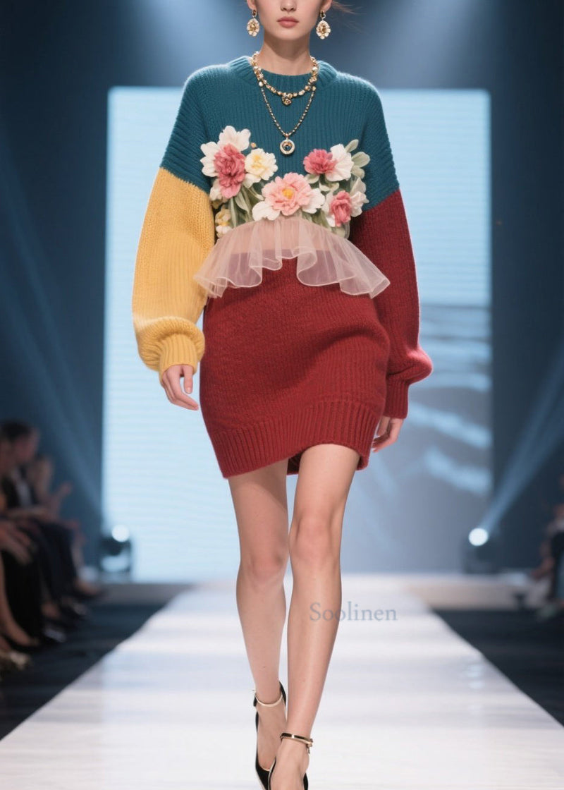 Handmade Colorblock O Neck Ruffled Knit Dress Winter