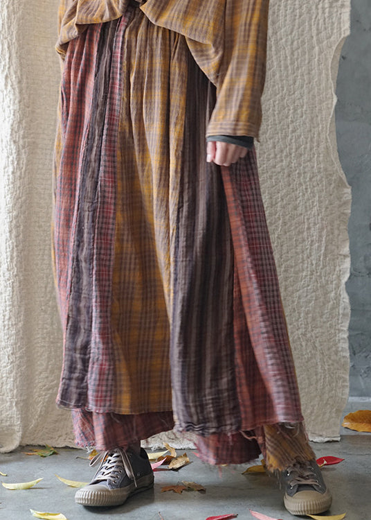 Handmade Colorblock Elastic Waist Plaid Patchwork Cotton Skirt Spring