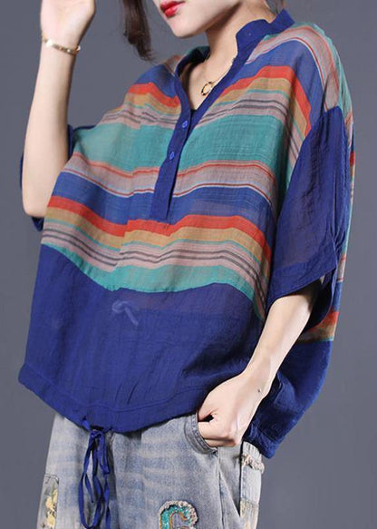 Handmade Cotton Striped Tops Fitted Retro Half Sleeve V Neck Blouse