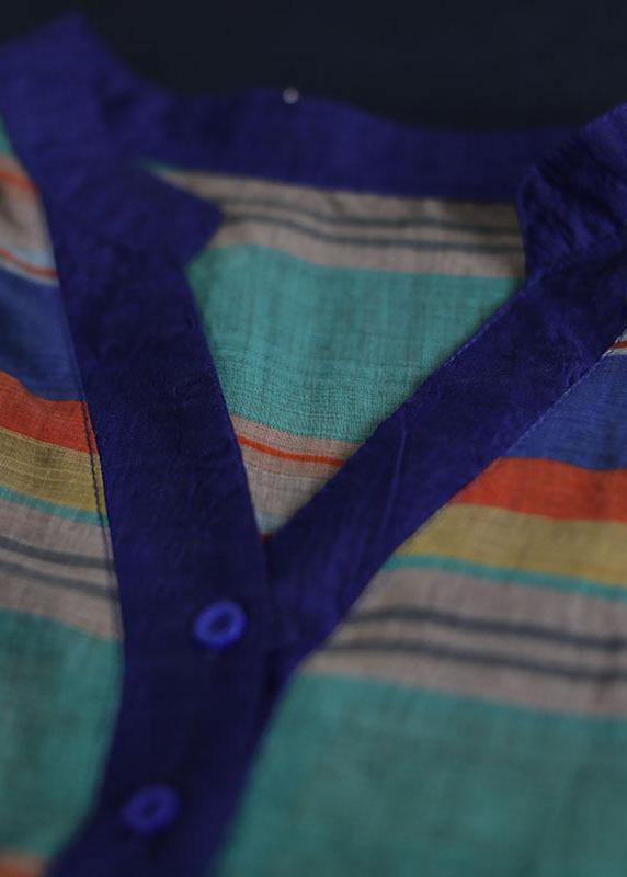 Handmade Cotton Striped Tops Fitted Retro Half Sleeve V Neck Blouse