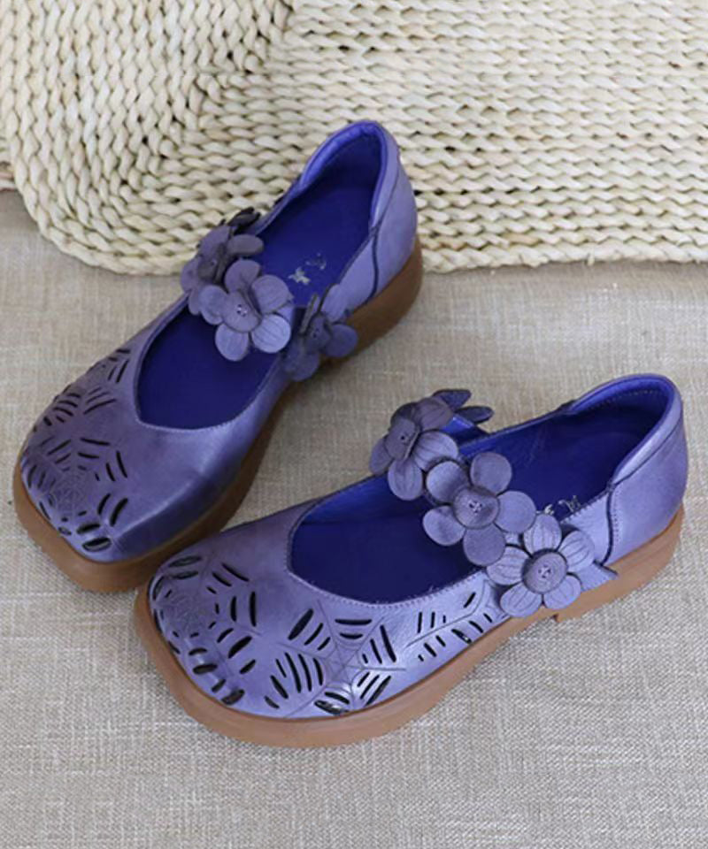 Handmade Cowhide Leather Purple Walking Sandals Hollow Out