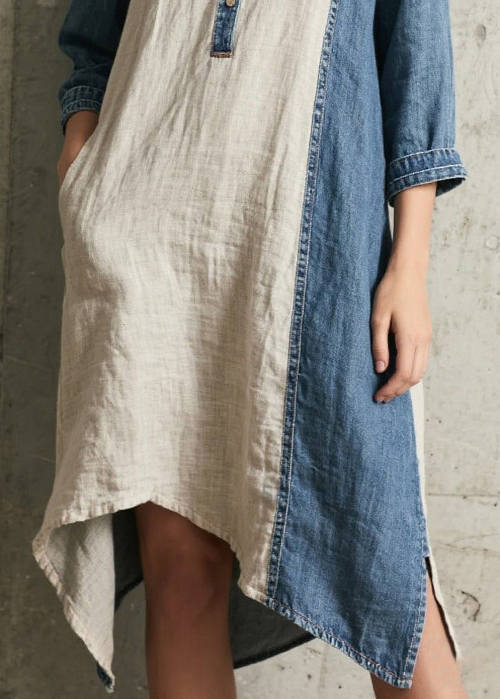 Handmade Denim Blue Oversized Patchwork Cotton Dresses Bracelet Sleeve