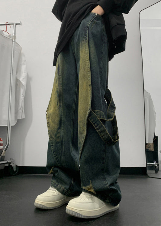 Handmade Denim Blue Pockets Patchwork Straight Pants Summer
