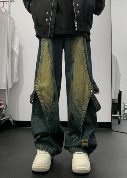 Handmade Denim Blue Pockets Patchwork Straight Pants Summer