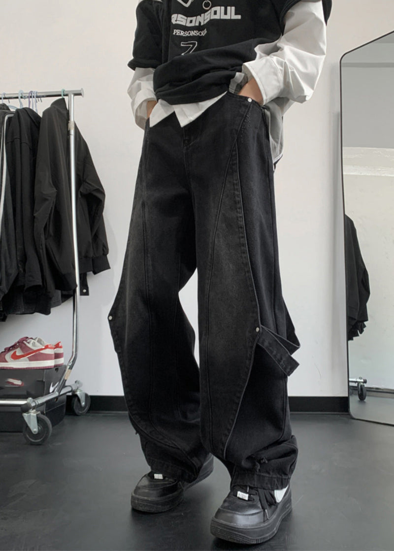 Handmade Denim Blue Pockets Patchwork Straight Pants Summer