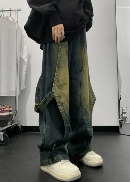 Handmade Denim Blue Pockets Patchwork Straight Pants Summer