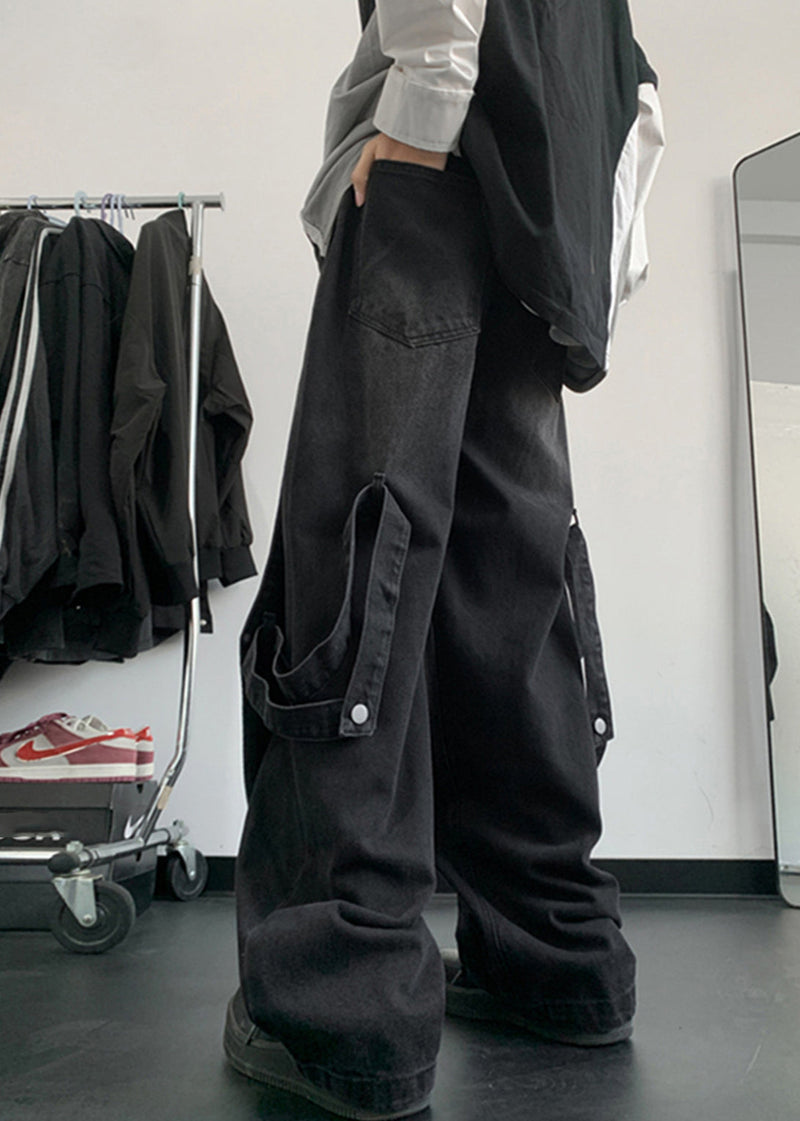 Handmade Denim Blue Pockets Patchwork Straight Pants Summer