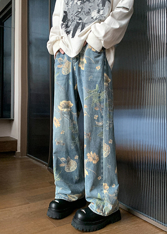 Handmade Denim Blue Pockets Print Trousers Summer