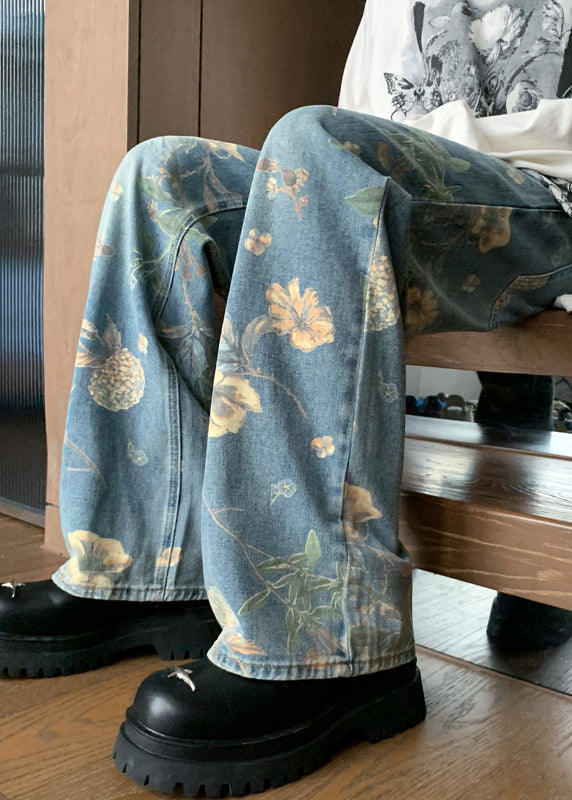 Handmade Denim Blue Pockets Print Trousers Summer