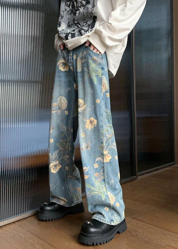 Handmade Denim Blue Pockets Print Trousers Summer
