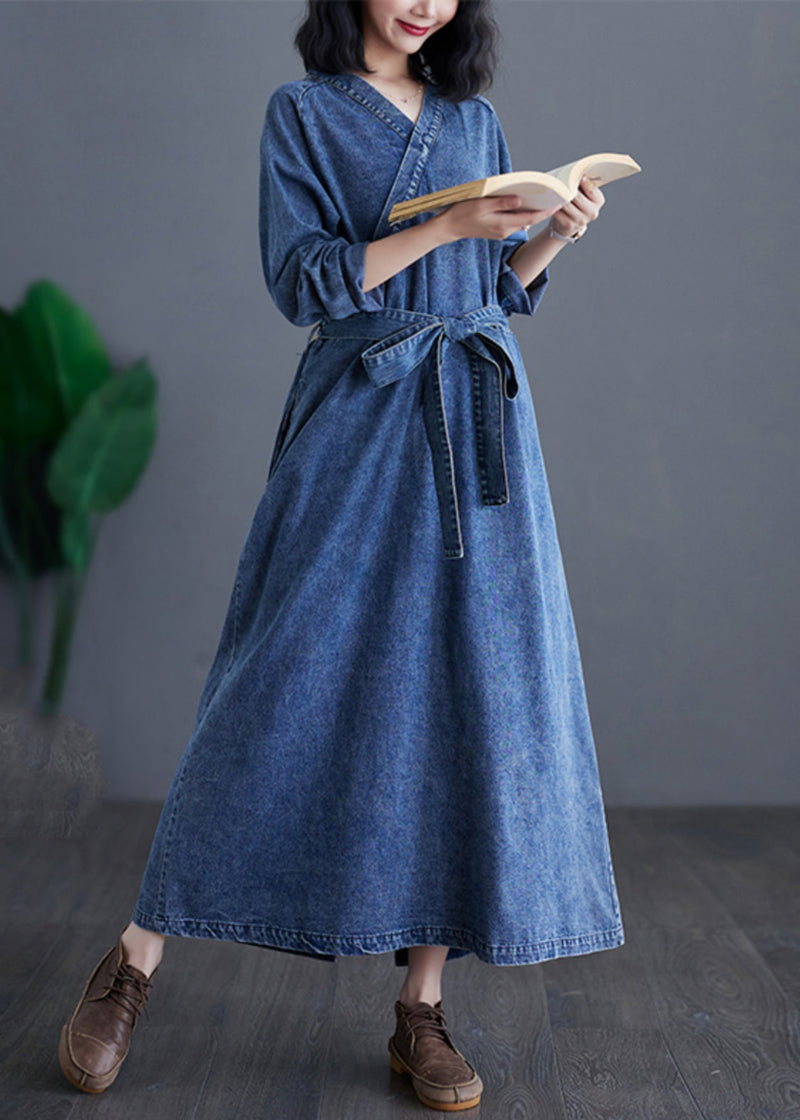Handmade Denim Blue V Neck Patchwork Tie Waist Party Long Dress Long Sleeve