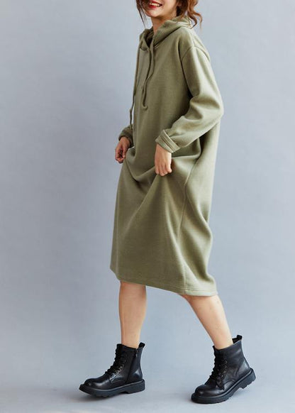 Handmade Drawstring Hooded Cotton Spring Dresses Green Long Dress