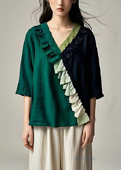 Handmade Dull Green Ruffled Patchwork Linen Blouse Top Summer