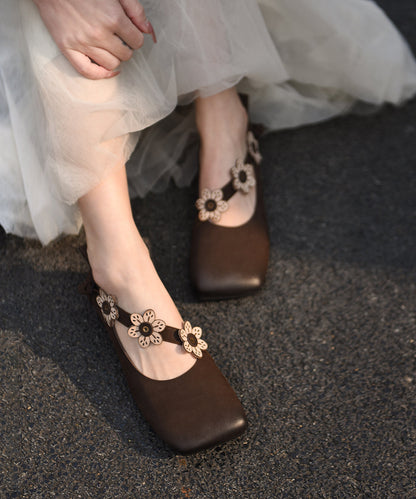 Handmade Splicing Chunky Shoes Beige Cowhide Leather