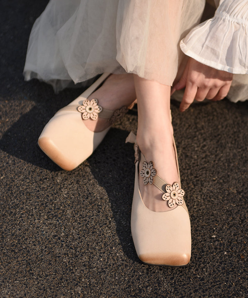 Handmade Splicing Chunky Shoes Beige Cowhide Leather