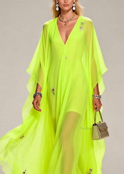 Handmade Fluorescent Green V Neck Zircon Chiffon Dresses Summer