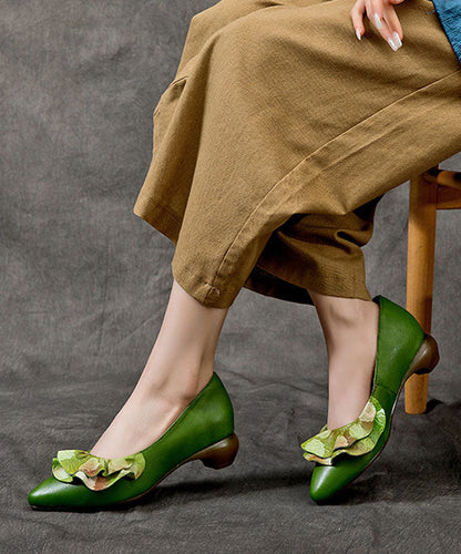 Handmade Green Cowhide Chunky Heel Splicing Ruffles Embossed
