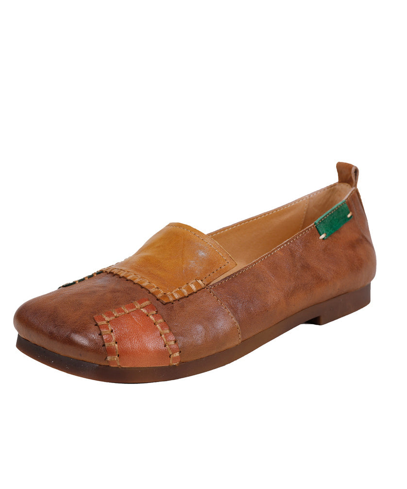 Handmade Green Cowhide Leather Soft Splicing Flat Shoes for