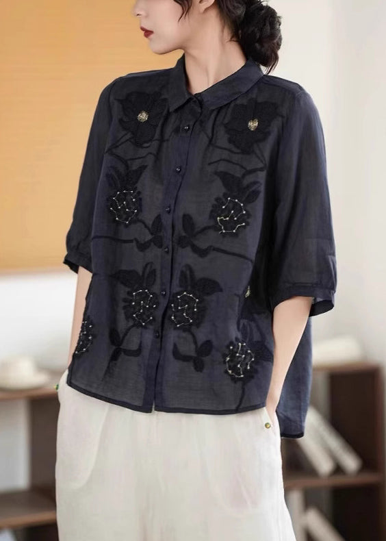 Handmade Green Embroidered Button Linen Shirt Half Sleeve