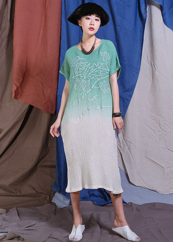 Handmade Green Embroideried Gradient Color Dresses Short Sleeve