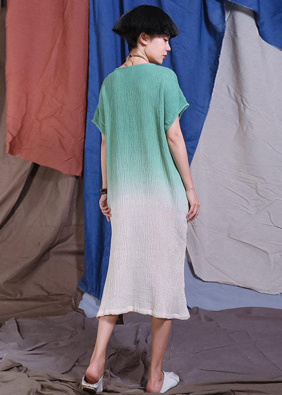 Handmade Green Embroideried Gradient Color Dresses Short Sleeve