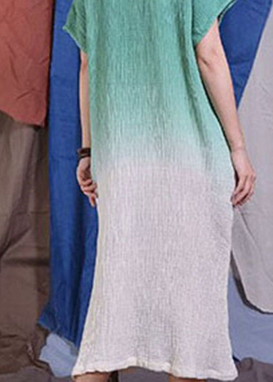 Handmade Green Embroideried Gradient Color Dresses Short Sleeve