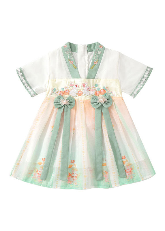 Handmade Green Embroideried Patchwork Chiffon Baby Dresses Summer