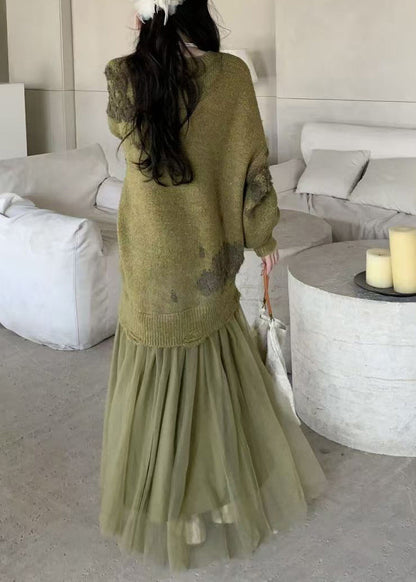 Handmade Green O Neck Patchwork Knit Sweater Dress Winter