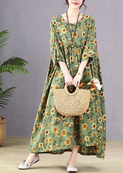 Handmade Green O-neck Patchwork Maxi Dresses Bracelet Sleeve