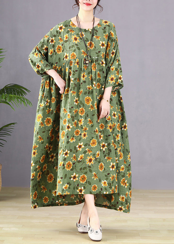 Handmade Green O-neck Patchwork Maxi Dresses Bracelet Sleeve