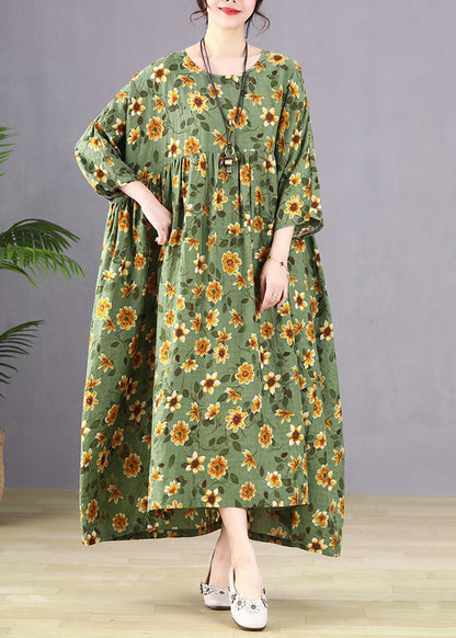 Handmade Green O-neck Patchwork Maxi Dresses Bracelet Sleeve