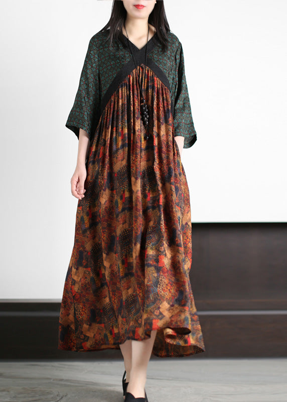 Handmade Green O-neck Patchwork Print Silk Long Dresses Summer