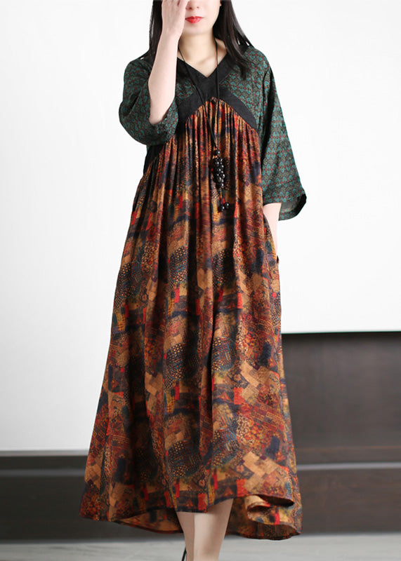 Handmade Green O-neck Patchwork Print Silk Long Dresses Summer